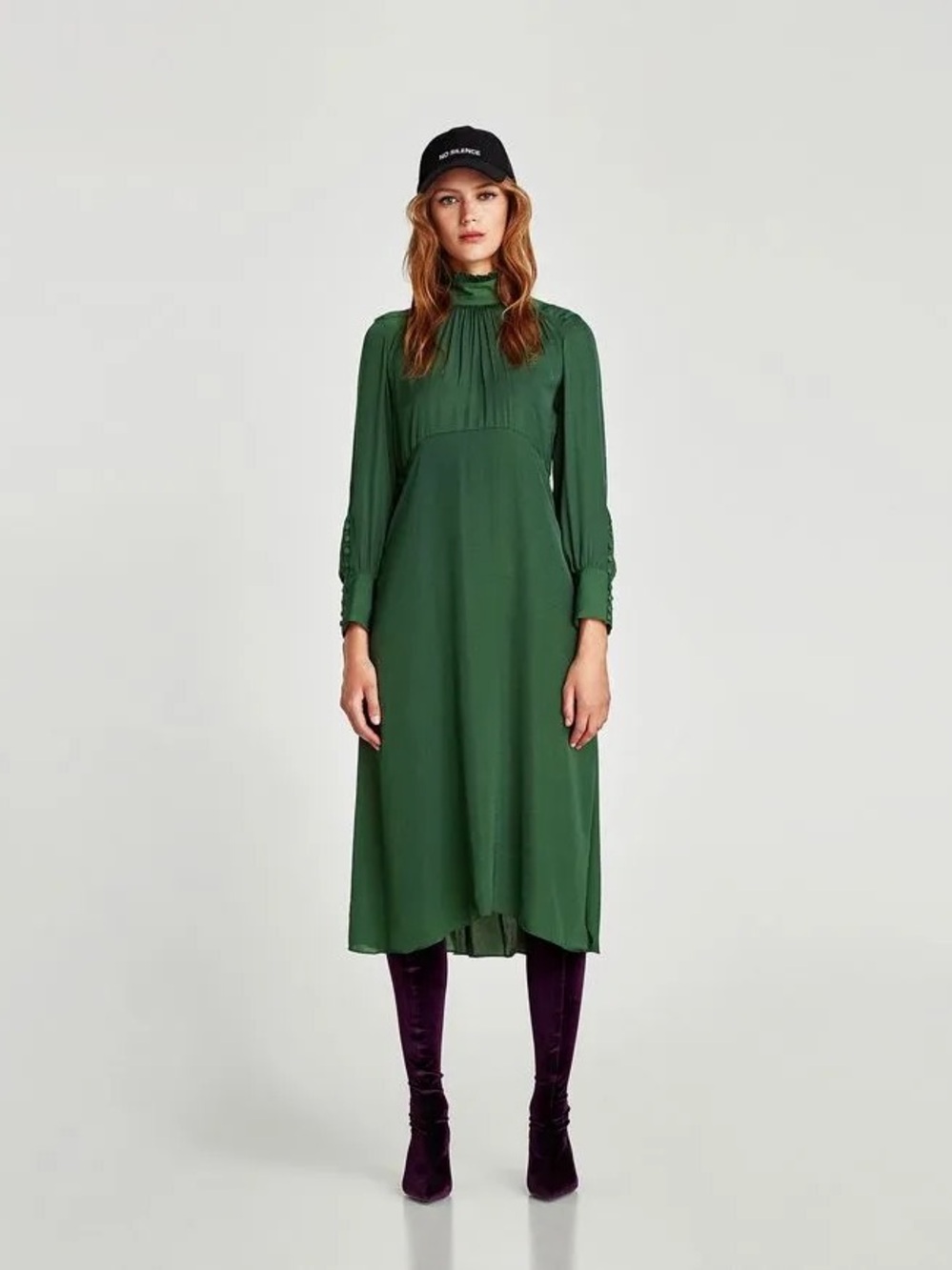 Zara Forest Green Midi Dress with High Neck